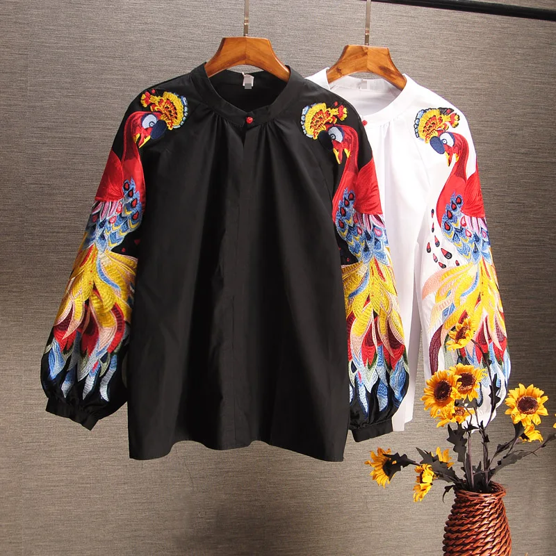 Spring and Summer Cotton Causal Shirts Embroidered Long-sleeved Shirts Woman Full Button Print O-Neck lantern Sleeve - Цвет: Черный