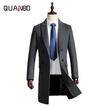 

QUANBO 2019 New Autumn Winter Men's Wool Coat Business Casual Long Men Overcoat Men Fashion Turn-down Collar Korean Overcoat
