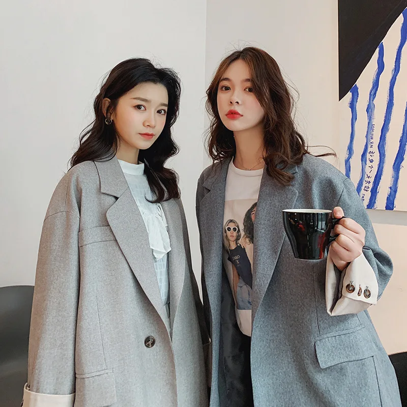 

2019 Spring Korean-style Retro Suit Women's CHIC Online Celebrity Revers Contrast Color Small Suit Coat Casual Students Loose-Fi