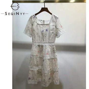 

SEQINYY White Dress 2020 Summer Spring New Fashion Design Women Short Sleeve Hollow out Flowers Print Mini Dress Lace