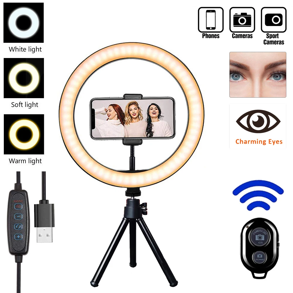 

Dimmable Camera Phone Ring Light with Tripod Stand Selfie Ring Lamp Profissional Photography Lighting Makeup Photo YouTube Live