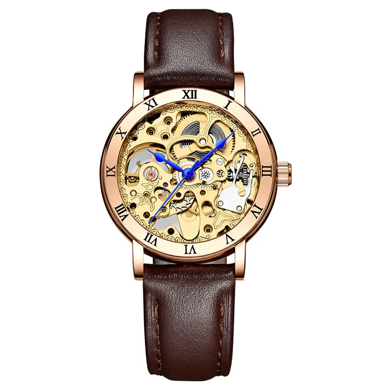 Черный Модный женский механический каркас часов Дизайн Топ бренд класса люкс полный стальной водонепроницаемый женские Автоматические часы Montre Femme - Цвет: brown rose gold