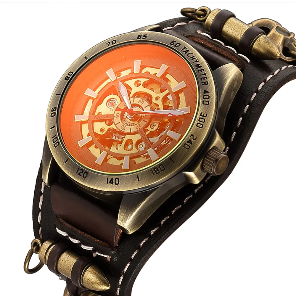 

Luxury Brand Automatic Mechanical Watch Men Steampunk Skeleton Retro Gear Self Winding Leather Men's Clock Watches montre homme