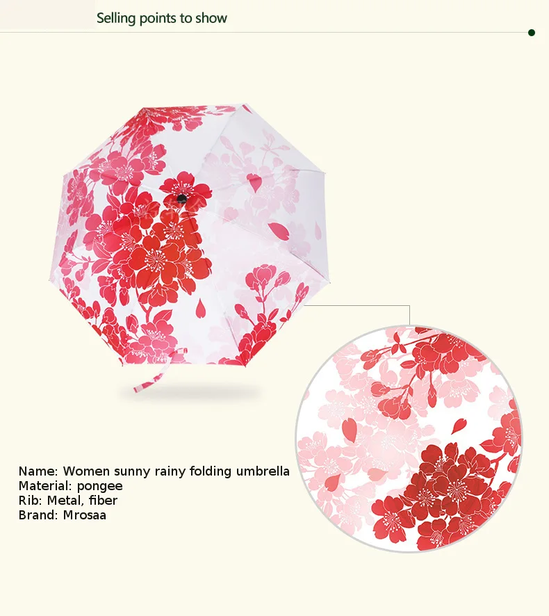 Cherry Blossoms Folding Umbrella For Women Sunscreen Anti-UV Girl Parasol Fashion Red Flower Windproof Rainproof Umbrellas