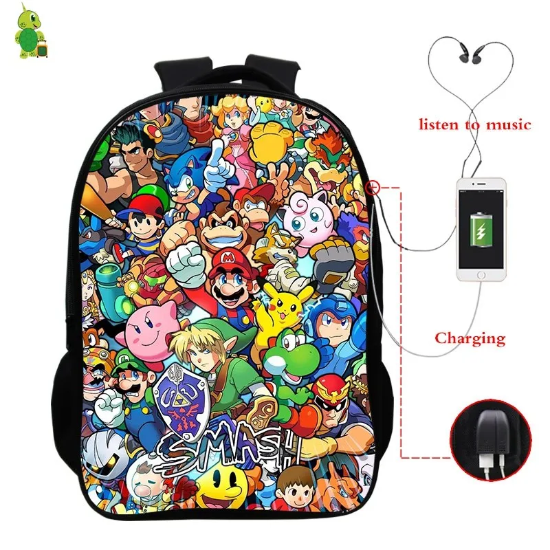 Супер Smash рюкзак Bros USB зарядка для наушников женский рюкзак, сумки для ноутбуков многофункциональные школьные и дорожные сумки для студентов колледжа
