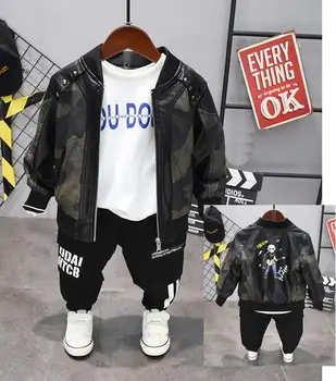 

Hot sell spring Autumn Fashion Boys Clothing Sets boys Faux leather coat+T-shirts +pants 3pcs Children Clothes For Kids 2-6YEARS