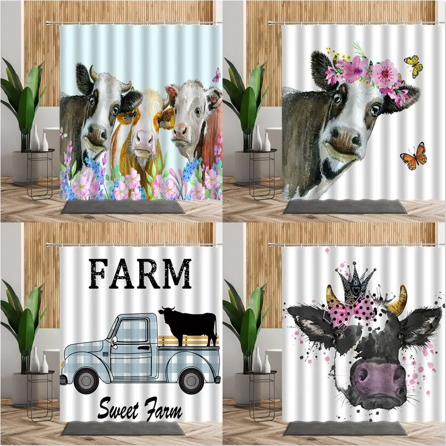 Farm Cow Pattern Shower Curtain Flower Animal Bath Curtains Sets