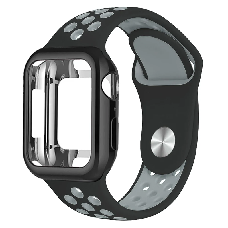 Силиконовый спортивный ремешок+ чехол для apple watch 5 4 3 2 1 серия 38 мм 42 мм ремешок для iwatch 40 мм 44 мм браслет аксессуары для запястья - Цвет ремешка: Black with grey