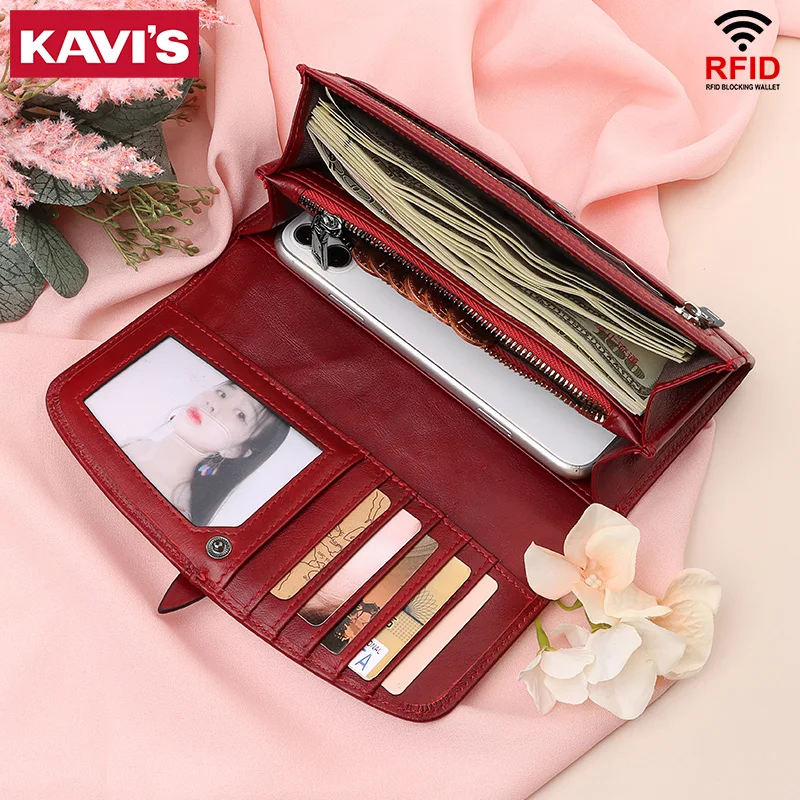 

KAVIS Long Wallet Women Genuine Leather Lady Coin Purse Quality Female Wallets Card Holder Clutch Carteras Clamp For Phone Bag