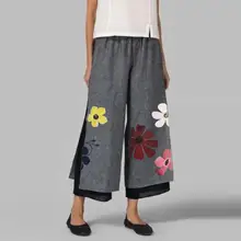 Женские брюки больших размеров с цветочным принтом; двухслойные хлопковые и льняные брюки с подсолнухами; сезон весна-осень; Прямые брюки средней длины; одежда