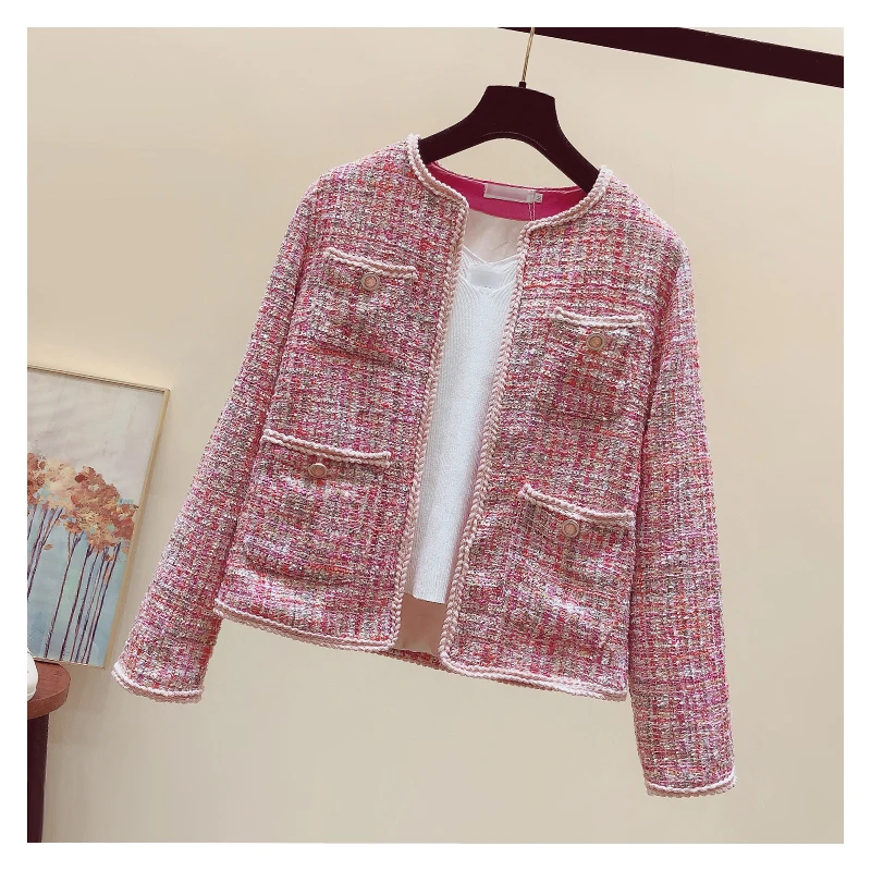 

JSXDHK Runway Brand Ladies Outerwear Autumn Women Pink Tweed Weave Long Sleeve Jacket Coat Fashion Loose Open Stitch Coats