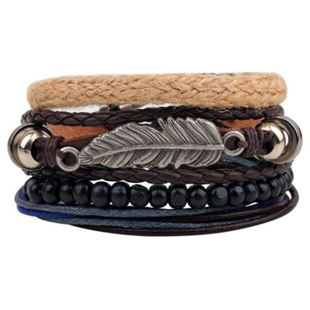 Stone Men Bracelet Multi-layer Handmade Weaved Punk Leather Rope Chain Stainless Steel Bangle Male Jewelry Gifts