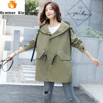 

2020 New Autumn Women Trench Coat Medium Long Casual Loose Hooded Windbreaker Single Breasted Lace-up Army Green Outwear