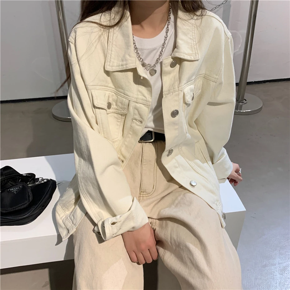 

Vintage Jeans Coat Female Korean Style Chic Outwear Street Fashion Casual Denim Jacket Turn-Down Collar Single-Breasted Coat