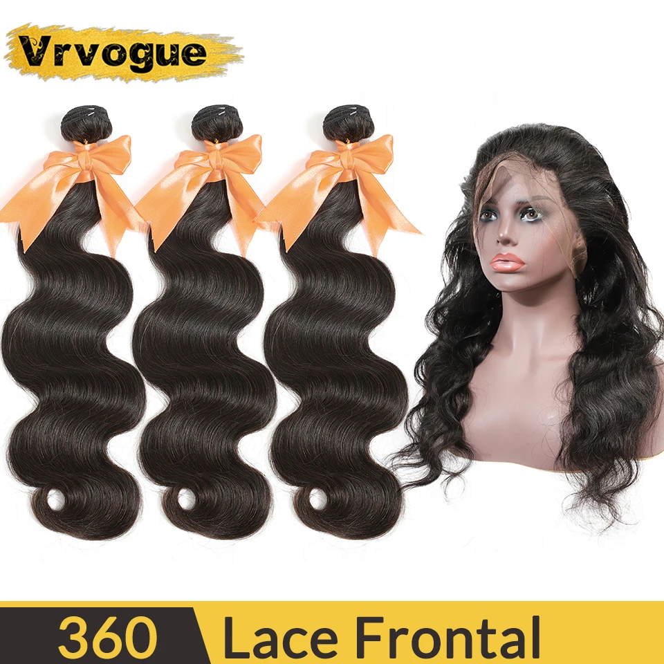 

Vrvogue Malaysian Body Wave Bundles With 360 Lace Frontal Closure Remy Hair 3 Bundles With Lace Frontal Natural Color Human Hair