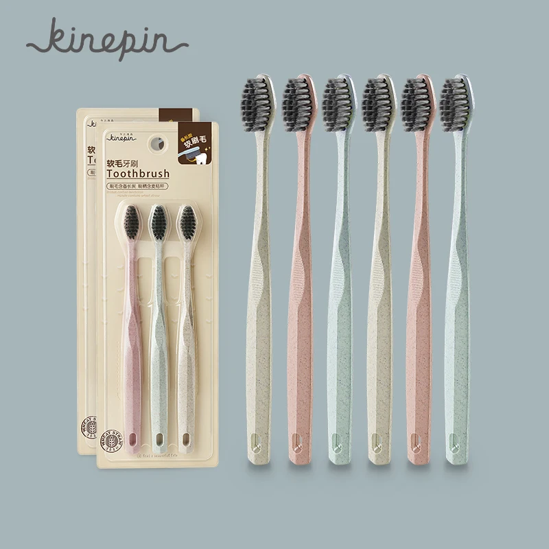 Toothbrush Wheat-Straw Bristle Charcoal Binchoutan Adult KINEPIN 6pcs Tapered-Tip