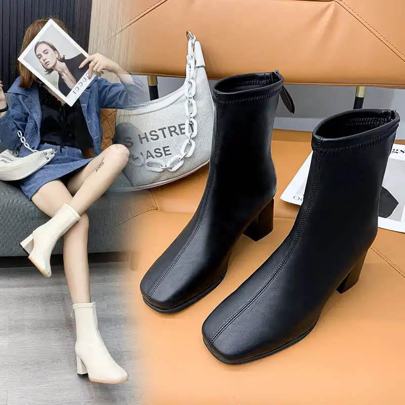 Botines negros lisos para mujer, botas de piel sintética con punta redonda  y tacones medios cuadrados, informales, sin cordones, para otoño|Botas  hasta el tobillo| - AliExpress