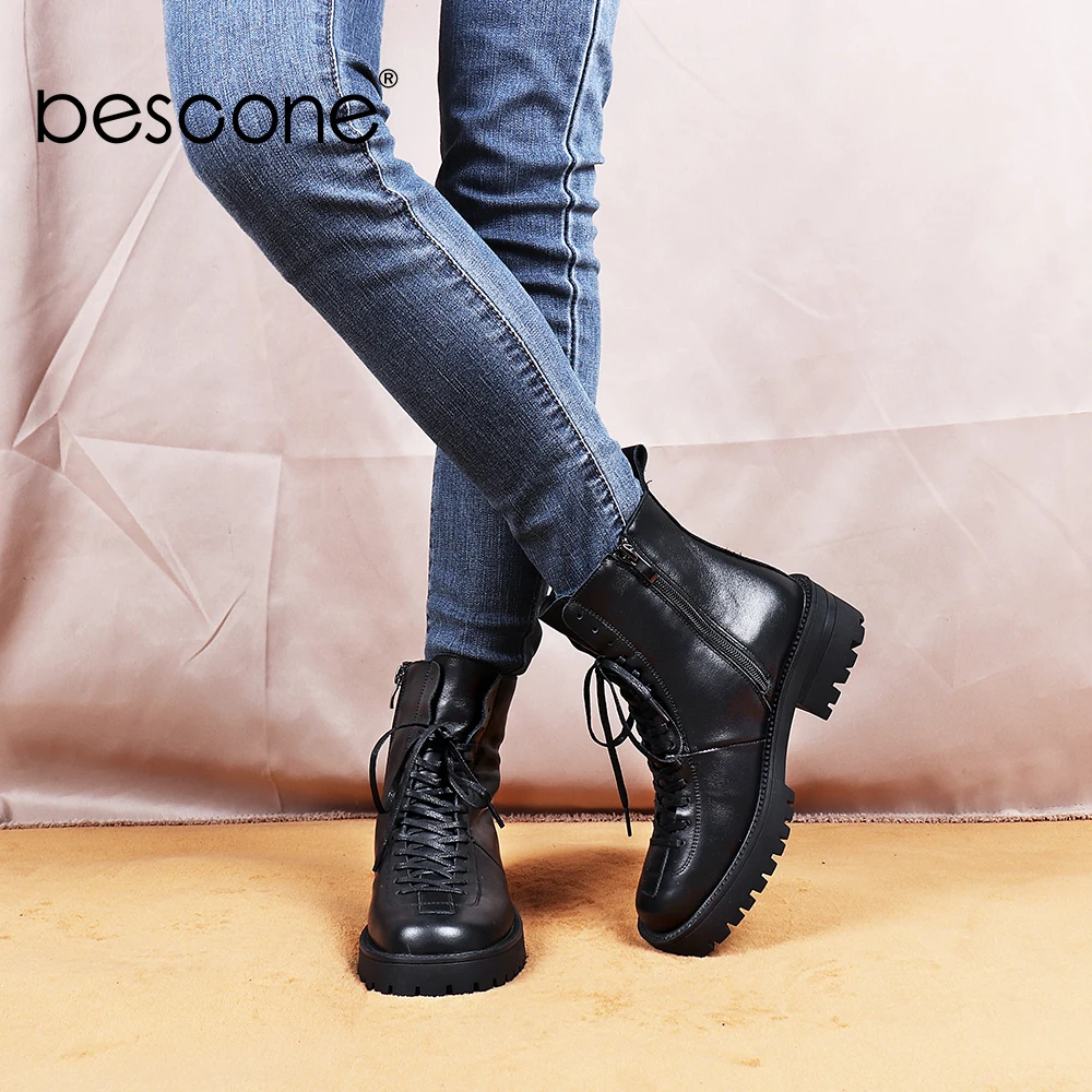 BESCONE Women's Shoes Winter Casual Comfortable Martin Ankle Boots Genuine Leather Platform Round Toe Zipper Boots Woman BC844