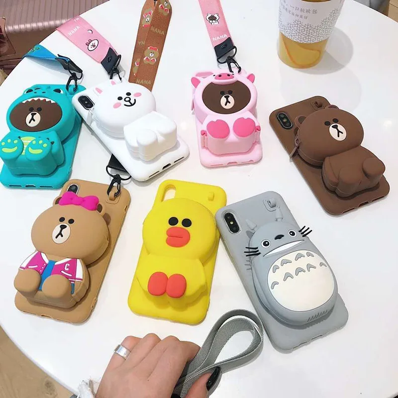 

cute bear Cartoon Rits Portemonnee siliconen Telefoon case for iphone 11 X XR XS MAX 7 8 6s plus for samsung S7 8 9 note8 cover