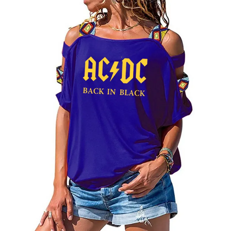 Группа ACDC футболка в стиле рок женские ACDC с буквенным принтом футболки хип-хоп рэп музыка короткий рукав сексуальные открытые плечи топы тройник - Цвет: 10
