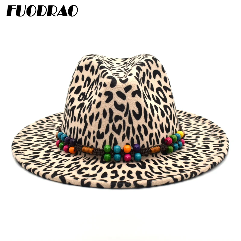 

FUODRAO High Quality Classic Leopard Print Fedora Hat Women Wide Brim Wool Cowboy Hat Men Vintage Jazz Caps F39