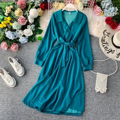 New Korean version Spring Summer Women Dress Solid Color Temperament Large Size elegant Dress Female cc1631 - Цвет: Photo Color