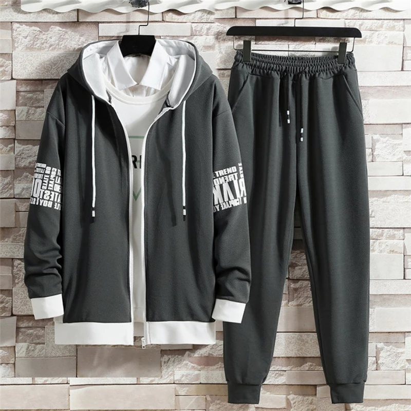 

2 Pieces Sets Printed Tracksuit Men Hooded Sweatshirt+Joggers Pants Zipper Hoodie Sportwear Suit Casual Men Clothes Streetwear