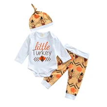 

OPPERIAYA 3Pc Thanksgiving Day Casual Set Letter Print O-Neck Long Sleeve Bodysuit Turkey Print Pants Hat Toddler 0-18 Months