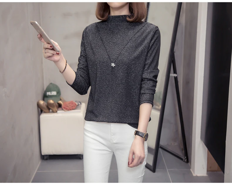 Plus Size Bright Silk Tops Tee Shirts Women 2020 Autumn Trendy Turtleneck Long Sleeve Office Lady Basic T-shirts Oversize Tshirt