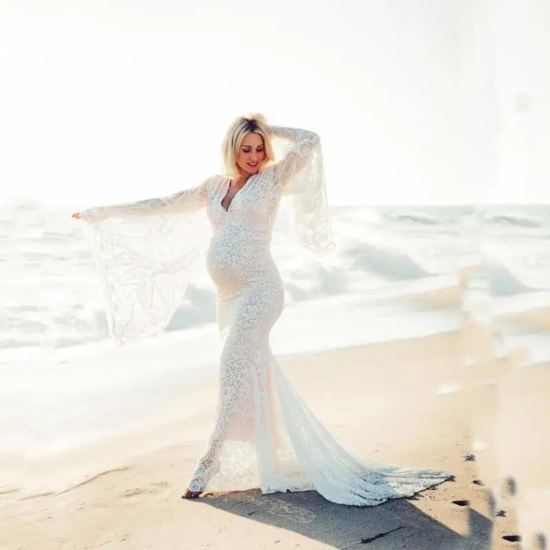 Maternity Photography Props Clothing Pregnant Women Sexy Lace Dress Photo Shoot V-neck Fluttering Sleeves Pregnancy Dresses 2020