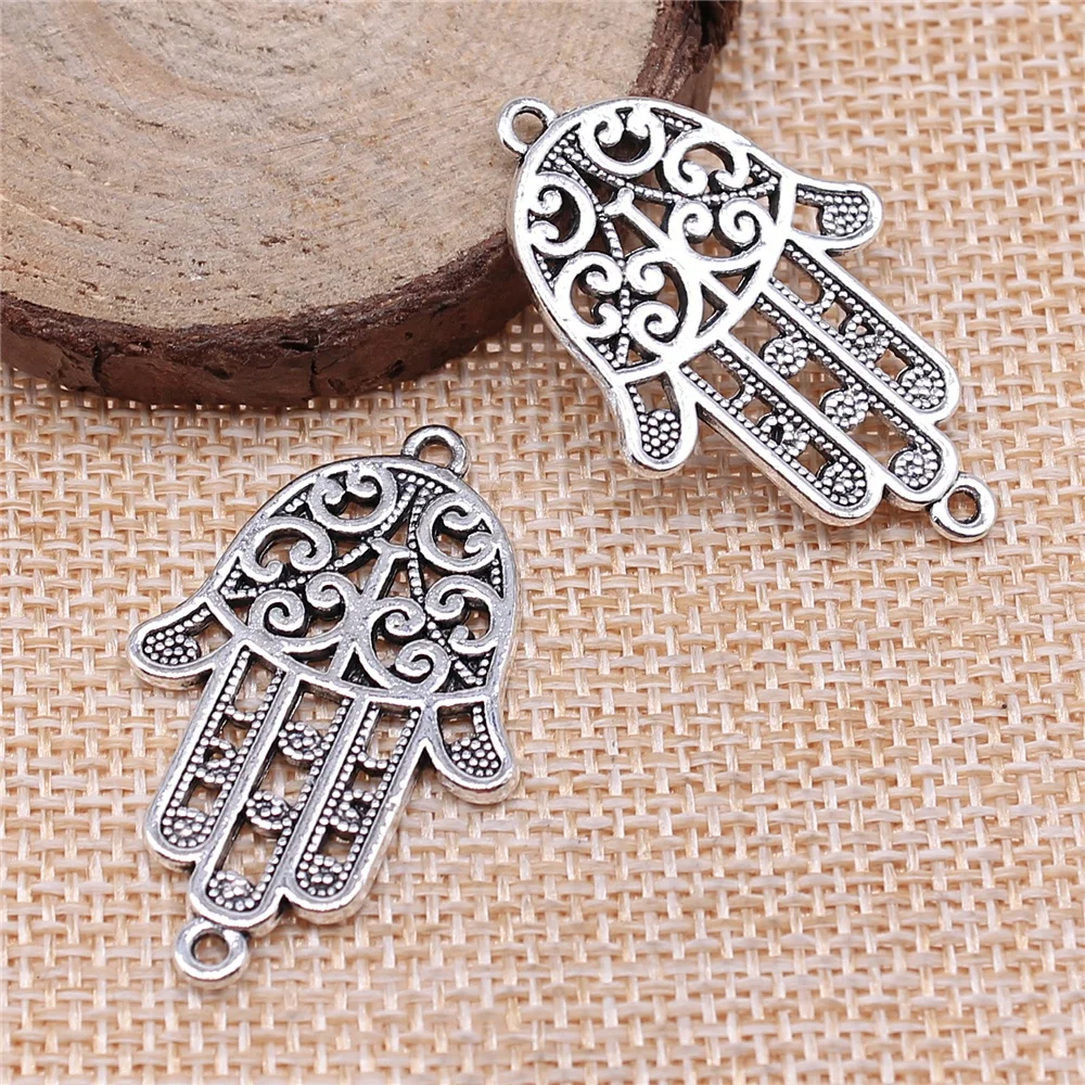 

Wholesale 50pcs/bag 38x24mm Hamsa Hand Connector Charm For Jewelry Making DIY Antique Silver Color Antique Bronze Color