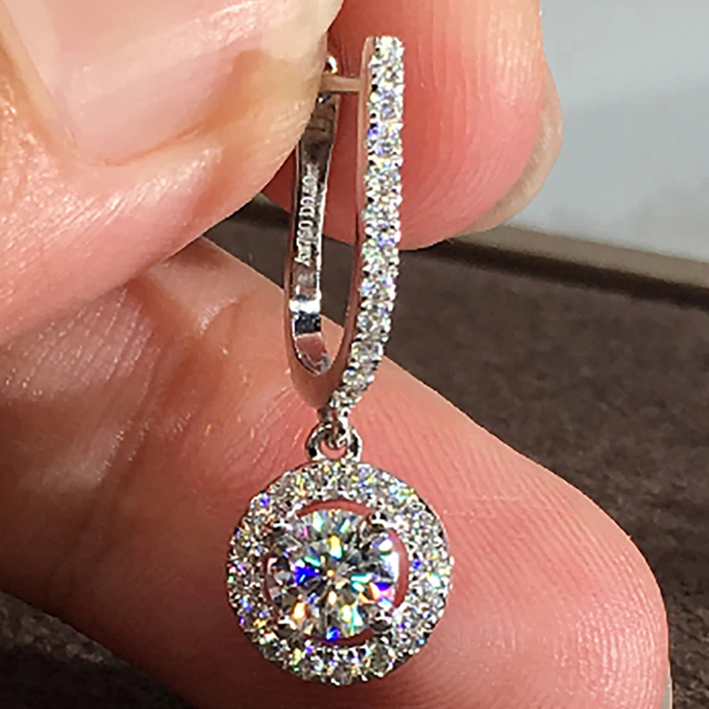 

Custom Solid 14K White Gold Women Drop Clip Hoop Earrings U Moissanite Diamonds Round Wedding Party Engagement Anniversary Gift