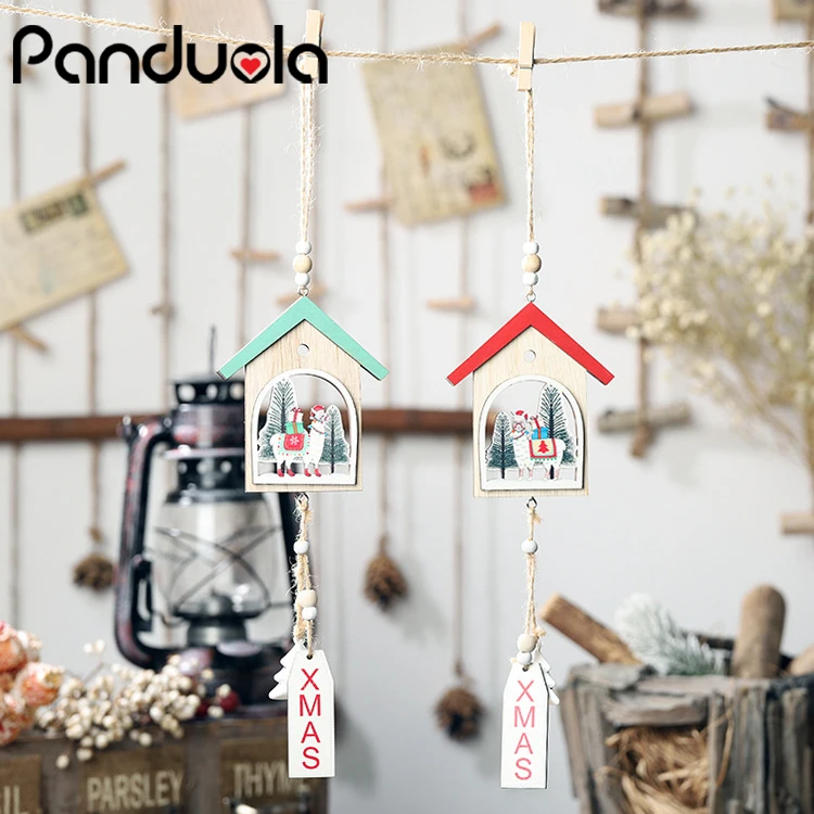 

2019 New Year Xmas Alpaca House Christmas Tree Wooden Ornaments Lanyard Pendant Decoration Party Houses Pendant Car Pendant