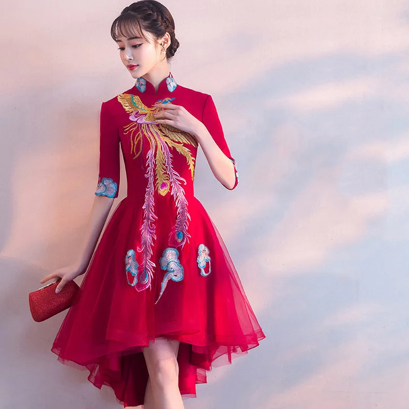 

2022 new Phoenix Embroidery Banquet Evening Dress Short Front Long Back Prom Party Dress Bride toasting dress Vestidos
