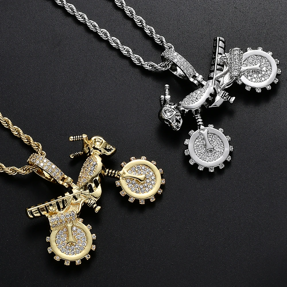 Льдом латунь мужская двусторонняя CZ гоночный мотоцикл Подвески и ожерелье в