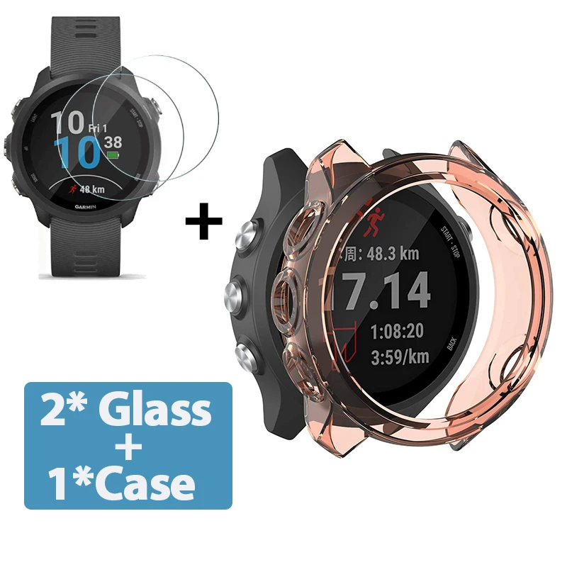 2-in-1 Protector Case + Screen Protector for Garmin Forerunner 245 245 Music Soft TPU Protective Cover Shell Tempered Glass Film 