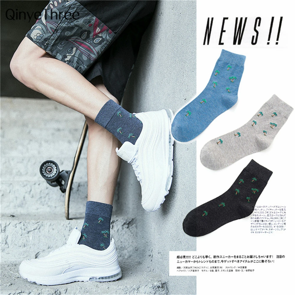 

Harajuku men casual crew cartoon coconut tree pattern cotton socks novelty Hip-Hop funny socks British style business tube sox
