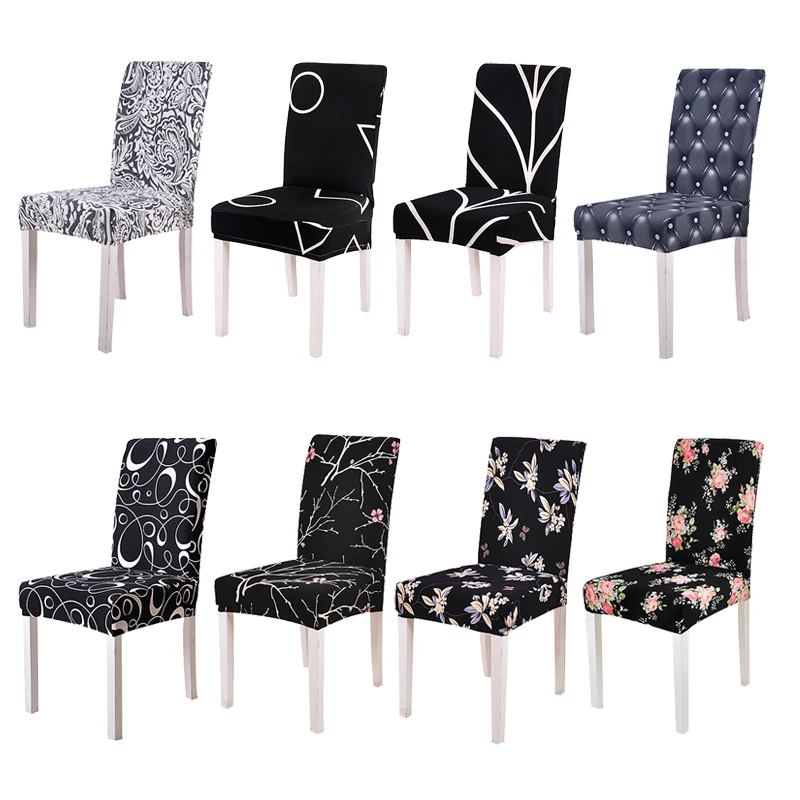

Black Color Floral Printing Chair Cover for Dining Room Modern Banquet Party Elastic Stretch Seat Case housse de chaise