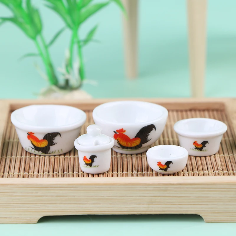 1:12 Dollhouse Ceramics Rooster Bowl Jars Cup Dish Tableware Doll Kitchen Decor Retro Tableware 1 12 dollhouse chinese ceramics chopsticks tube bowl dishes plate tableware model kitchen toy doll house living scene decor