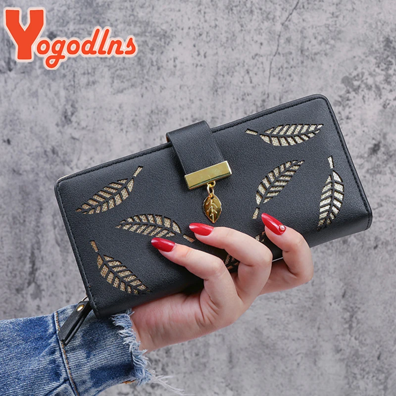 Leaf Hollow Wallet Female PU Leather Handbag Long Zipper Clutch Card Holder Coin Purse Multi-layer Phone Bag