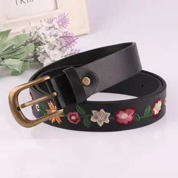 

Women Black Leather Chinese retro style Embroidered flowers Waist Belt Metal Buckle Waistband New Hot Belts for Women Luxury