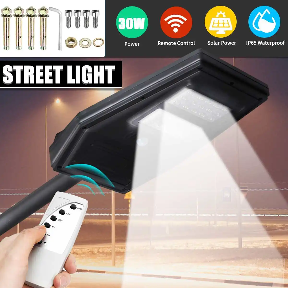 30W Commerciële Led Zonne-straat Licht Outdoor Tuin Yard Lamp Afstandsbediening Timer Beveiliging Lamp Waterdicht Straatverlichting