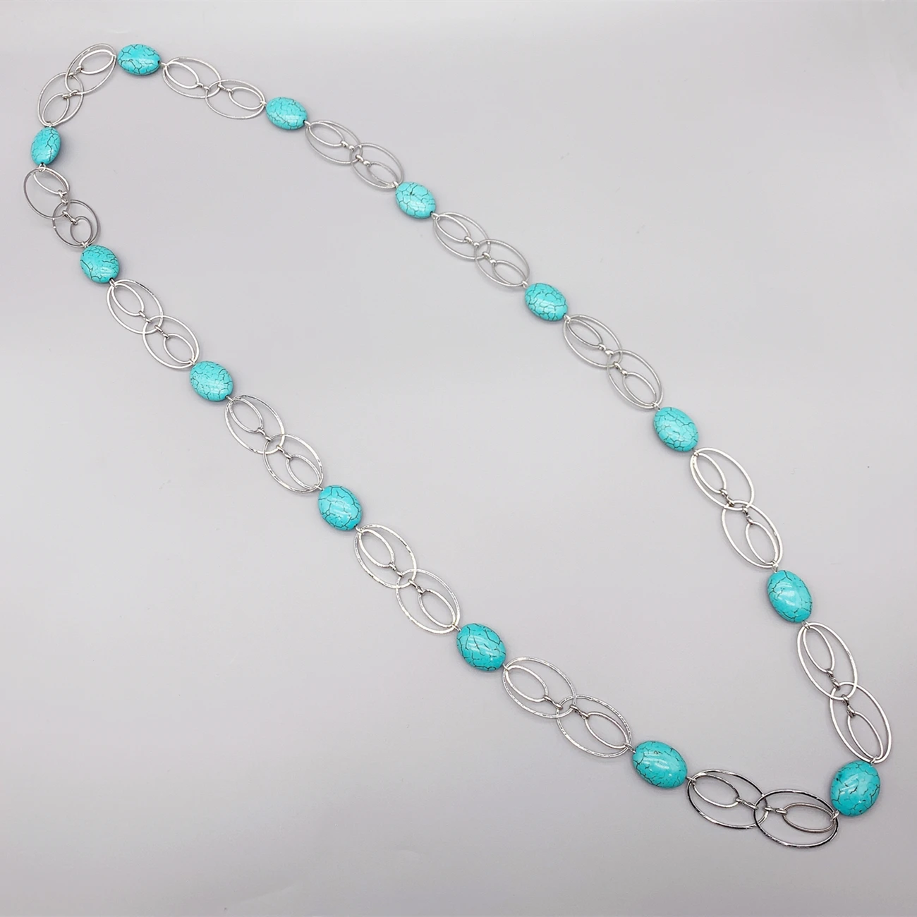 FoLisaUnique Stylish Long Silver Link Chains Oval Turquoise Necklace For Women Trendy Jewelry