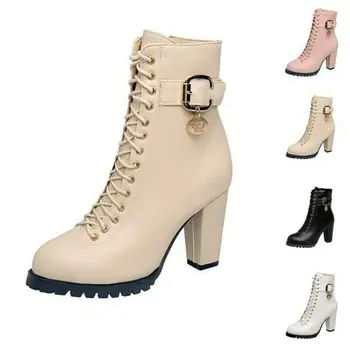 

Ladies Women's High Block Heel Lace Up Chelsea Ankle Boots Biker Shoes