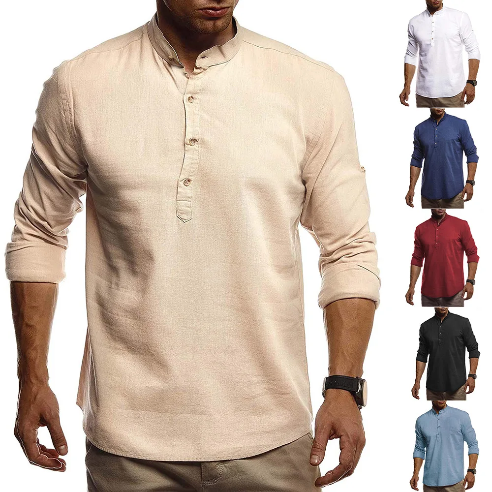 

Men's Casual Fashion Shirt Teenager Solid Color Long Sleeve Stand Collar Linen Shirt 3357