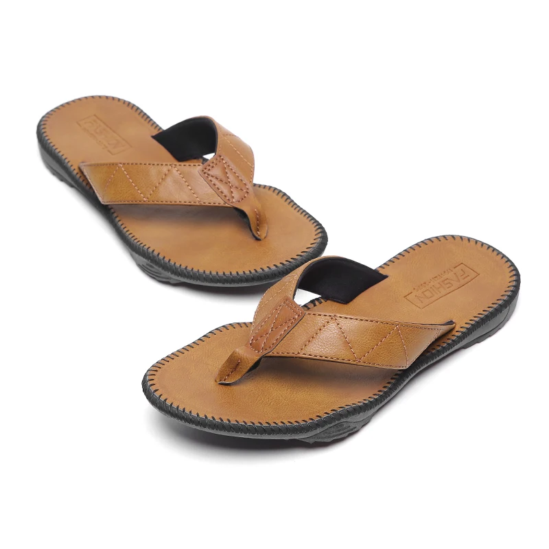 

2020 High Quality Men's Leather Flip Flops summer Thong Sandals with Arch Support, Soft Non-slip beach slippers men pu rubber