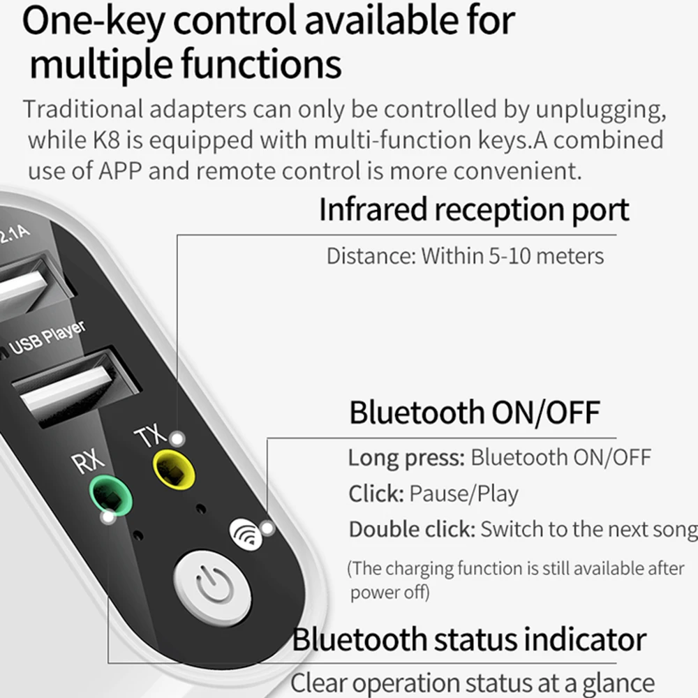 Bluetooth приемник передатчик Bluetooth 5,0 стерео аудио адаптер для Aripods 2.1A USB быстрое зарядное устройство приложение+ пульт дистанционного управления