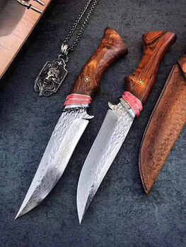 

High-end Collection level 60 HRC Damascus Handmade Blade Hunting Knife with a straight blade of pink bone Turquoise handle