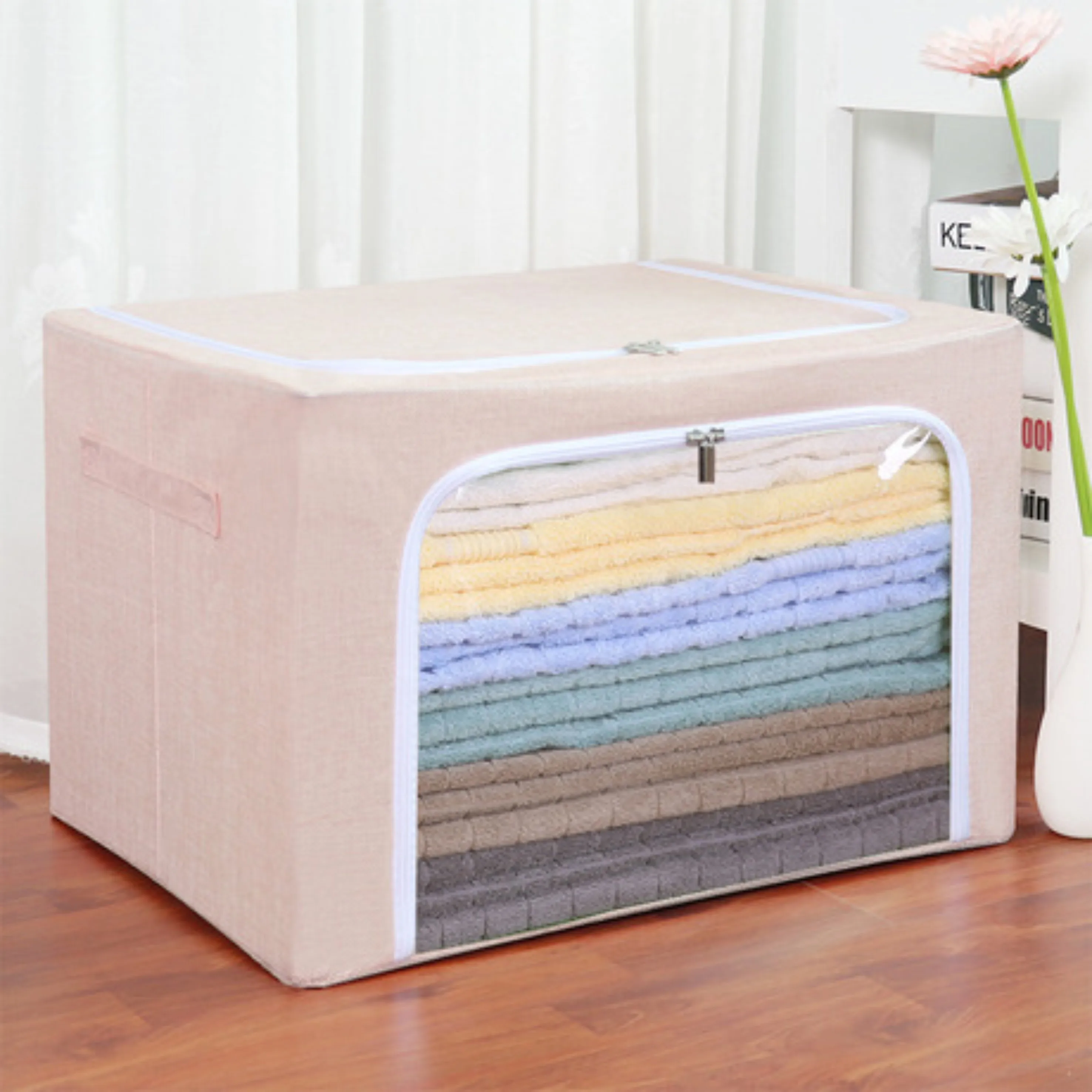 

Cotton linen folding steel frame storage box fabric baina box solid color quilt clothing finishing box folding storage box