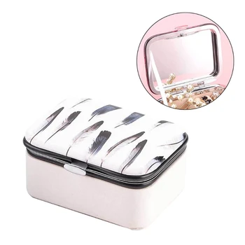 

Protable Leather Bracelet Box Earrings Necklace Storage Organizer with Mirror